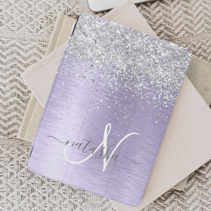 Purple Brushed Metal Silver Glitter Monogram Name iPad Pro Cover