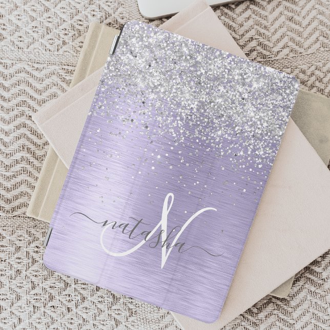 Purple Brushed Metal Silver Glitter Monogram Name iPad Mini Cover (Creator Uploaded)