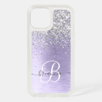 Purple Brushed Metal Silver Glitter Monogram Name