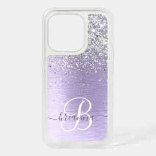 Purple Brushed Metal Silver Glitter Monogram Name iPhone 15 Pro Case