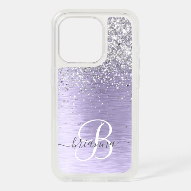 Purple Brushed Metal Silver Glitter Monogram Name iPhone 15 Pro Case (Back)