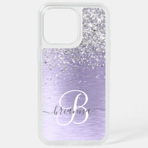 Purple Brushed Metal Silver Glitter Monogram Name iPhone 15 Pro Max Case