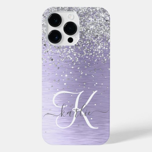Purple Brushed Metal Silver Glitter Monogram Name iPhone 14 Pro Max Case