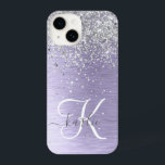 Purple Brushed Metal Silver Glitter Monogram Name iPhone 14 Case<br><div class="desc">Easily personalize this trendy chic phone case design featuring pretty silver sparkling glitter on a purple brushed metallic background.</div>