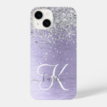 Purple Brushed Metal Silver Glitter Monogram Name iPhone 14 Case