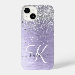 Purple Brushed Metal Silver Glitter Monogram Name iPhone 14 Case