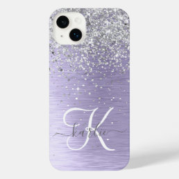 Purple Brushed Metal Silver Glitter Monogram Name iPhone 14 Plus Case