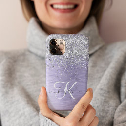 Purple Brushed Metal Silver Glitter Monogram Name iPhone 14 Pro Case