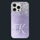 Purple Brushed Metal Silver Glitter Monogram Name iPhone 15 Pro Max Case<br><div class="desc">Easily personalize this trendy chic phone case design featuring pretty silver sparkling glitter on a purple brushed metallic background.</div>