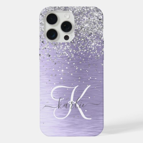 Purple Brushed Metal Silver Glitter Monogram Name iPhone 15 Pro Max Case