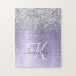 Purple Brushed Metal Silver Glitter Monogram Name Jigsaw Puzzle<br><div class="desc">Easily personalize this trendy chic puzzle design featuring pretty silver sparkling glitter on a purple brushed metallic background.</div>