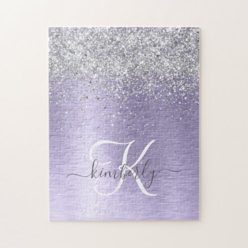 Purple Brushed Metal Silver Glitter Monogram Name Jigsaw Puzzle