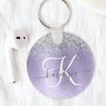 Purple Brushed Metal Silver Glitter Monogram Name Keychain<br><div class="desc">Easily personalize this trendy chic keychain design featuring pretty silver sparkling glitter on a purple brushed metallic background.</div>