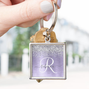 Purple Brushed Metal Silver Glitter Monogram Name Keychain by sweetbirdiestudio at Zazzle