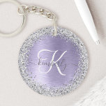 Purple Brushed Metal Silver Glitter Monogram Name Keychain<br><div class="desc">Easily personalize this trendy chic keychain design featuring pretty silver sparkling glitter on a purple brushed metallic background.</div>