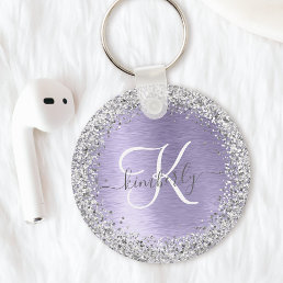 Purple Brushed Metal Silver Glitter Monogram Name Keychain