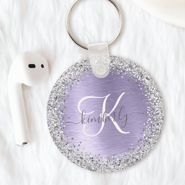 Purple Brushed Metal Silver Glitter Monogram Name Keychain (Creator Uploaded)