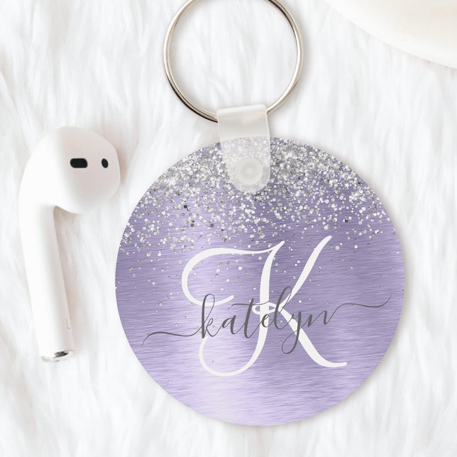 Purple Brushed Metal Silver Glitter Monogram Name Keychain (Creator Uploaded)
