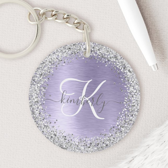 Purple Brushed Metal Silver Glitter Monogram Name Keychain (You’ll love this keychain that has your name & monogram in silver glitter on purple metal background)