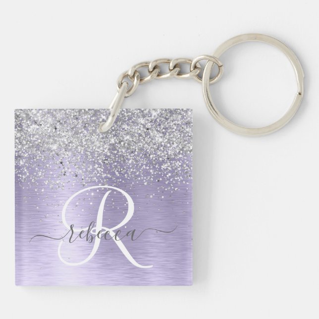 Purple Brushed Metal Silver Glitter Monogram Name Keychain (Back)