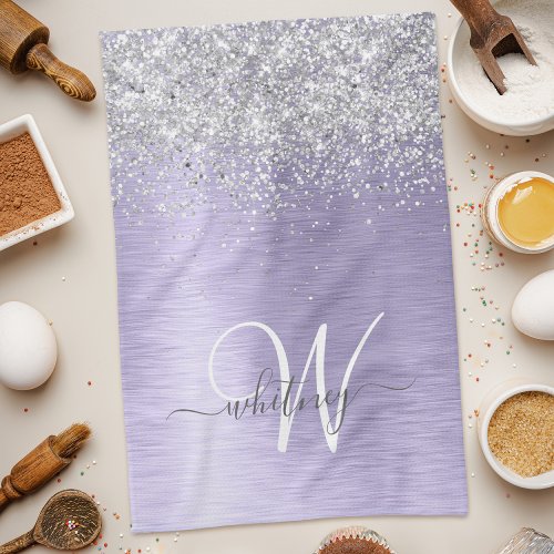 Purple Brushed Metal Silver Glitter Monogram Name Kitchen Towel