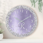 Purple Brushed Metal Silver Glitter Monogram Name Large Clock<br><div class="desc">Easily personalize this trendy chic wall clock design featuring pretty silver sparkling glitter on a purple brushed metallic background.</div>