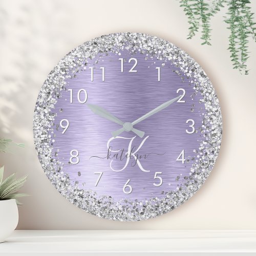 Purple Brushed Metal Silver Glitter Monogram Name Large Clock