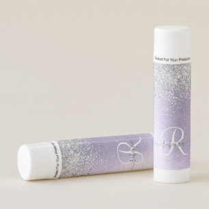 Purple Brushed Metal Silver Glitter Monogram Name Lip Balm