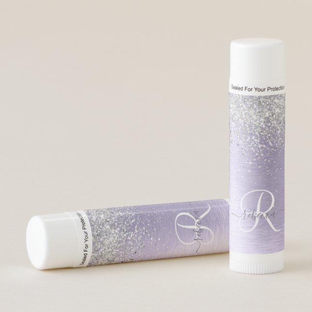 Purple Brushed Metal Silver Glitter Monogram Name Lip Balm (Front)