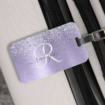 Purple Brushed Metal Silver Glitter Monogram Name Luggage Tag<br><div class="desc">Easily personalize this trendy chic luggage tag design featuring pretty silver sparkling glitter on a purple brushed metallic background.</div>