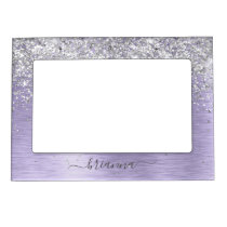 Purple Brushed Metal Silver Glitter Monogram Name Magnetic Frame