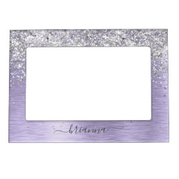 Purple Brushed Metal Silver Glitter Monogram Name Magnetic Frame