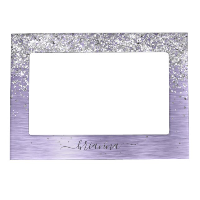 Purple Brushed Metal Silver Glitter Monogram Name Magnetic Frame (Front)