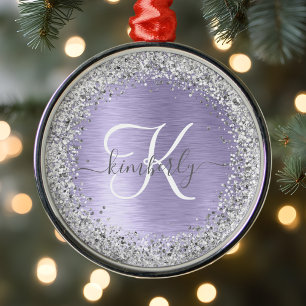 Purple Brushed Metal Silver Glitter Monogram Name Metal Ornament
