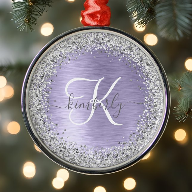 Purple Brushed Metal Silver Glitter Monogram Name Metal Ornament (Creator Uploaded)