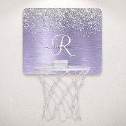 Purple Brushed Metal Silver Glitter Monogram Name Mini Basketball Hoop at Zazzle