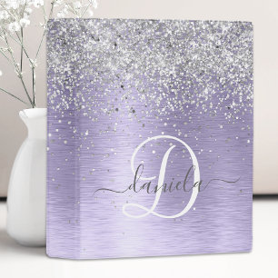 Purple Brushed Metal Silver Glitter Monogram Name Mini Binder