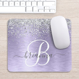 Purple Brushed Metal Silver Glitter Monogram Name Mouse Pad