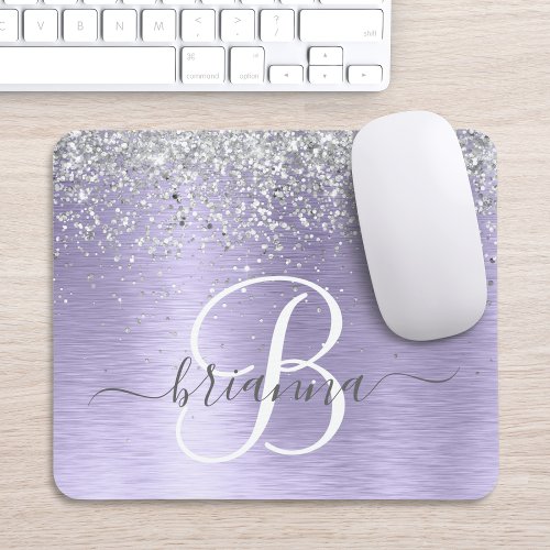 Purple Brushed Metal Silver Glitter Monogram Name Mouse Pad