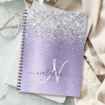 Purple Brushed Metal Silver Glitter Monogram Name Notebook