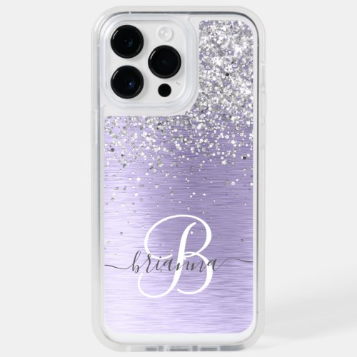 Purple Brushed Metal Silver Glitter Monogram Name OtterBox iPhone 14 Pro Max Case