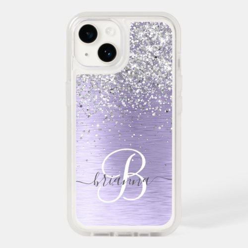 Purple Brushed Metal Silver Glitter Monogram Name OtterBox iPhone 14 Case