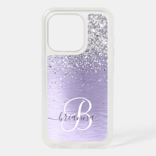 Purple Brushed Metal Silver Glitter Monogram Name iPhone 15 Pro Case