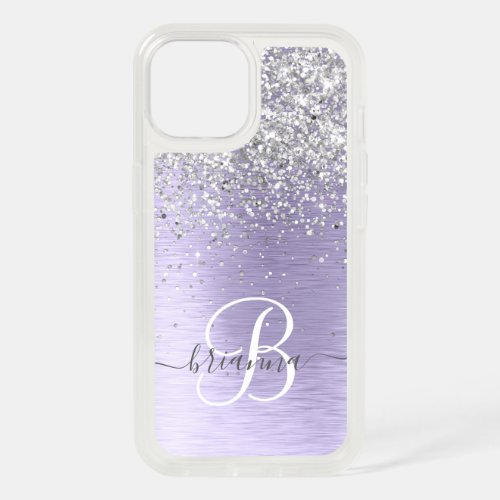 Purple Brushed Metal Silver Glitter Monogram Name iPhone 15 Case