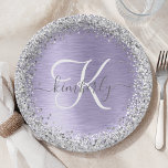 Purple Brushed Metal Silver Glitter Monogram Name Paper Plates<br><div class="desc">Easily personalize this trendy chic paper plate design featuring pretty silver sparkling glitter on a purple brushed metallic background.</div>