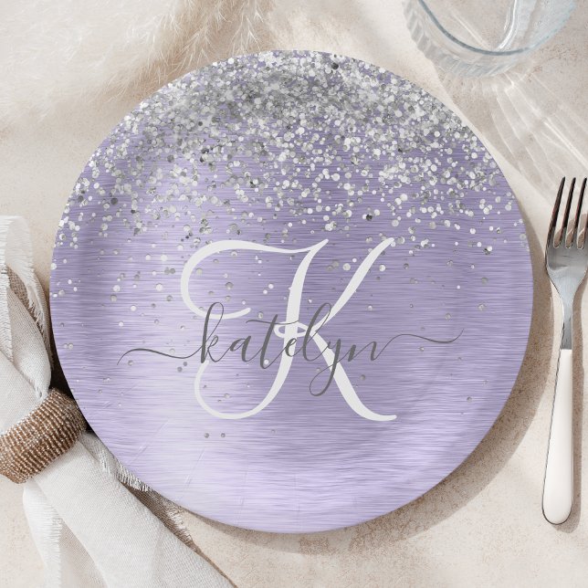 Purple Brushed Metal Silver Glitter Monogram Name Paper Plates (Creator Uploaded)