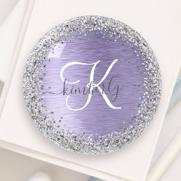 Purple Brushed Metal Silver Glitter Monogram Name Paperweight