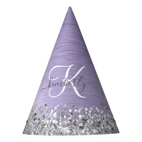 Purple Brushed Metal Silver Glitter Monogram Name Party Hat