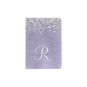 Purple Brushed Metal Silver Glitter Monogram Name Passport Holder