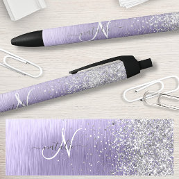 Purple Brushed Metal Silver Glitter Monogram Name Pen